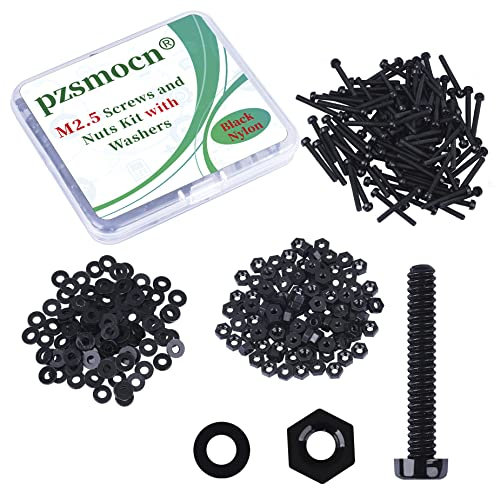 Pzsmocn 300 Pièces/100 Ensembles M2,5*20mm en Plastique Nylon Noir Croix Tête Ronde Vis Écrou Hexagonal Combinaison Kit avec Rondelle Isolante Taille Standard, pour Bricolage, Assemblage Électronique.