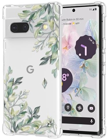 RALEAVO Compatible with Google Pixel 7a Clear Floral Case Girly Soft Slim Bumper Case with Flower Pattern for Pixel 7a-Leaf Pattern