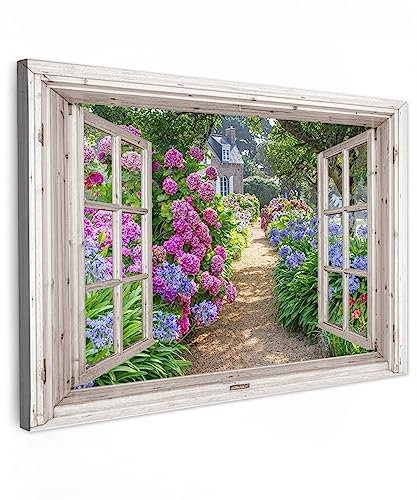 MuchoWow© Wandbilder 90x60 cm Schlafzimmer Home Deko Wohnung Bild Wohnzimmer Fotoleinwand Wand Bilder Leinwand Wall Decor Hortensie - Fensterblick - Blumen - Sommer - Lila - Weg