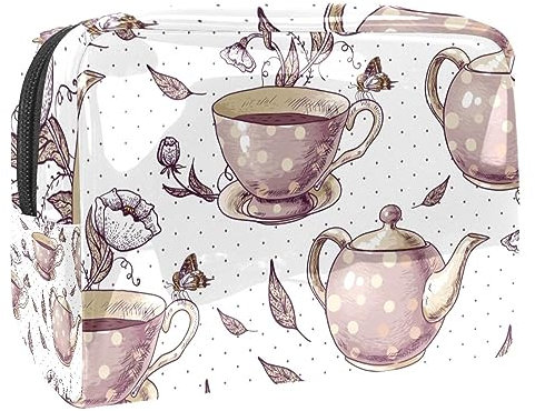 Théières et tasses à fleurs, trousse de maquillage pour femme, trousse de toilette de voyage, grande pochette de maquillage en PVC pratique avec fermeture éclair, multicolore,