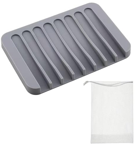 1 Porte-Savon en Silicone avec 1 Filet Moussant, Porte-Savon De Douche avec Porte-Savon De Vidange, Porte-Savon sans Perçage pour Salle De Bain, Cuisine (Gris)