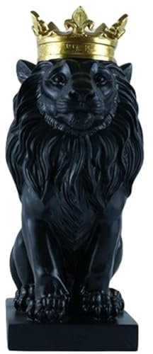 BURLOE Crown Lion King Statue, Skulptur Löwen Nordische Studiendekoration Löwe Dekor Abstrakte Geometrische Skulpturen Harztier Figuren Innen Heimbüro,Schwarz