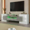 Sweiko Meuble TV bas avec éclairage LED, commode avec beaucoup d'espace de rangement, forme unique avec surfaces en verre, design moderne (blanc brillant et couleur béton)