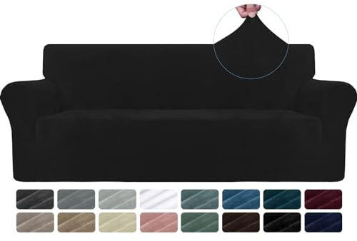 CYCMACO Samt Sofa Überzug 3 Sitzer, Sofabezug Elastische, Couch Überzug Haustier Katze Hunde, Universal Sofa Cover Moderne, Sofahusse Mit Armlehnen, Sofaschoner rutschfest, Schwarz