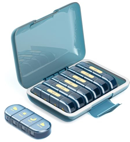 Joinice Tablettenbox 7 Tage 4 Fächer, Morgens Mittags Abends, Feuchtigkeitsbeständig, Pillendose 7 Tage Große Fächer für Medikamente, Fischöl, Vitamine, Nahrungsergänzungsmittel (4x7 Blau)