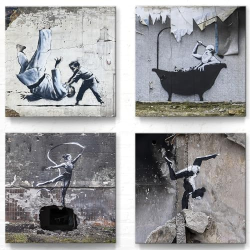 Banksy Ukraine Bilder als Leinwand im 4er-Set nach Art zur Deko, jedes Bilderset-L Leinwandbild ist 40x40cm groß. Tolle abstrakte Drucke zur Wand-Dekoration