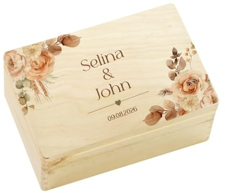 Manufaktur Liebevoll Erinnerungsbox Hochzeit Erinnerungskiste Geschenkbox Schatztruhe Hochzeit Hochzeitskiste für Brautpaar Holzkiste mit Gravur personalisiert Hochzeitsgeschenk (Rosen, S)