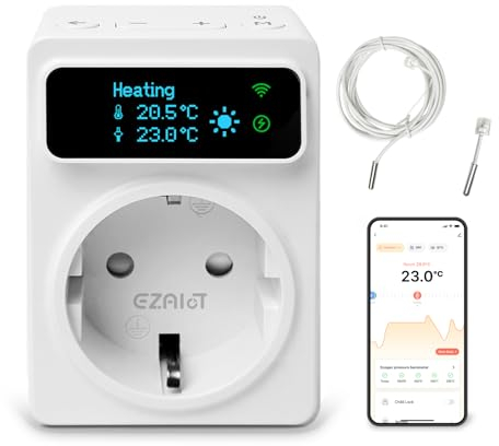 EZAIoT Steckdosen-Thermostat WLAN - Heizung/Kühlung und Zeitschaltuhr mit 3m und 5cm Fühler, Digitaler Temperaturregler für Gewächshäuser, Aquarien, 230V, OLED Bildschirm