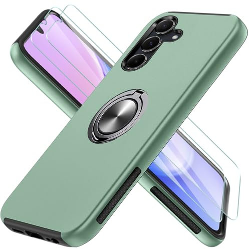Guisessy für Samsung Galaxy A15 5G / 4G Hülle mit 2 Stück Schutzfolie, [Eingebetteter Ständer] [Militärgrad] Unzerstörbar Mehrschichtig Schutzstoß Handyhülle für Samsung A15 5G (Alpengrün)