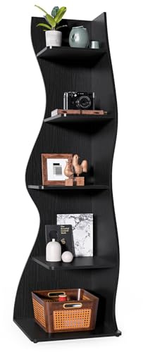 LITTLE TREE Bücherregal Ecke, Modernes Regal Schmal mit 6 Ebenen, 50 x 48 x 179 cm Bücherregal Holz, Standregal mit Wellen-Design für Kleine Räume, Wohnzimmer & Schlafzimmer, Schwarz, 1er Pack