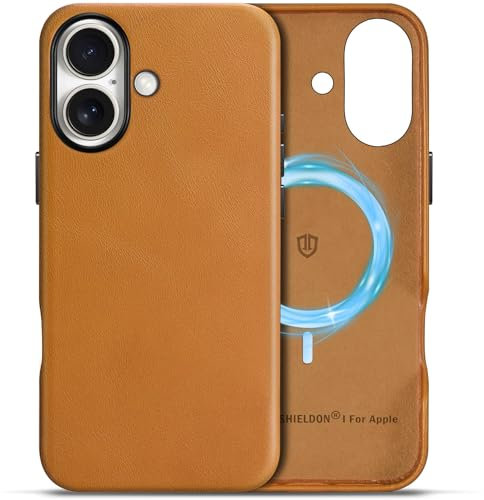 SHIELDON Case for iPhone 16 2024, Genuine Leather Slim Case [Metal Buttons][Non-Slip][Anti-Scratch][Magnetic Wireless Charging] Protective Phone Cover Compatible with iPhone 16 - Retro Light Brown