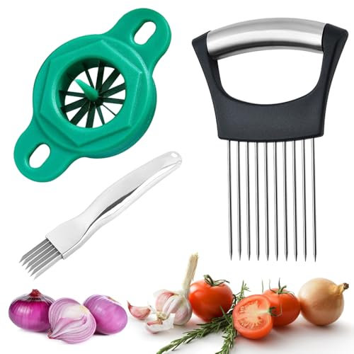 SMYJDMM Onion Slicer, Stainless Steel Onion Holder, Kitchen Chopper, Slicing Assistant Tool with Spring Onion Shredder and Scallion Slicer (3Pcs, Black)