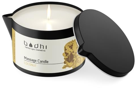 Bodhi® Bougie de massage noix de coco 95 g, avec cire 100 % noix de coco, pour des massages chauds et relaxants pour les couples, bougie érotique, végétalienne et bio