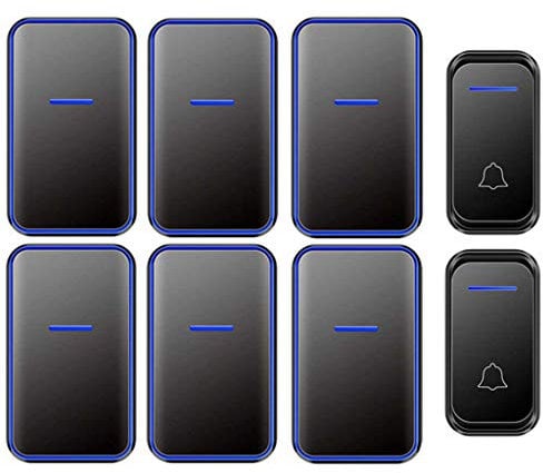 WOTZOV Wireless Doorbell Waterproof, 2 Transmitters 6 Receivers AC Wall Plug-In Cordless Doorbell, 38 Music Ringtones/Led Blue Light Flicker Remind, 300M Ultra-Long Range,Black,Black