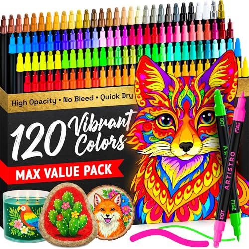 Artistro 120 Acrylstifte Dual-Tip Rund+Fein für Stein, Glas, Holz & Stoff | Wasserbasierte Acrylmarker für alle Oberflächen & Malbücher, schnell trocknend, zum Bemalen & Ausmalen, Kreativ-Geschenk