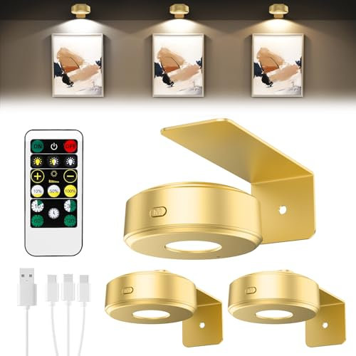 Lightbiz 3 Pack Wireless Picture Light for Wall，Rechargeable Painting Lights, Magnetic Wall Light, Remote, Dimmable 3 Colors, Timer, Battery Powered Art Lights for Paintings - Gold