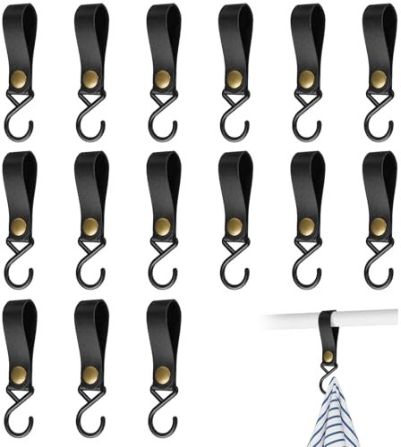 Celepoir 15 Stück Haken für Kleiderstange, 16x2 cm S Haken mit Lederschlaufe, Schwarz Kunststoff S Haken Schwarz, Haken zum Einhängen Camping, Kunststoff Multifunktionshaken für Garderobe und Camping
