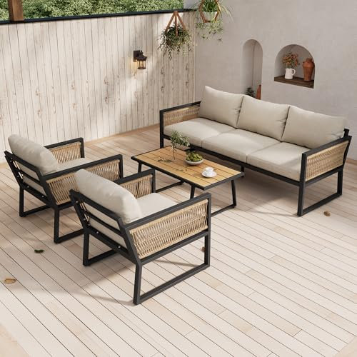 GigaXynium Lot de 4 fauteuils de jardin - 3 canapés, 2 fauteuils et table basse - Plateau de table en bois synthétique - Accoudoirs en corde tressée