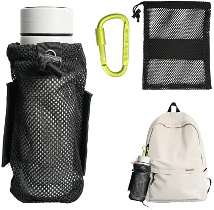 Camping Water Bottle Holder Pouch with Carabiner Foldable Mesh Holder Bag, Adjustable Drawstring Open Top for Fishing, Hunting, Backpack, Outdoor Cycling, Hiking, Camping Running (Black)