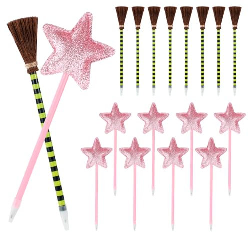 SAVITA 16stk Prinzessinnen und Hexen Partygeschenke, Inklusive 8stk Rosa Prinzessinnen Stern Kugelschreiberr 8stk Grün-Schwarz Gestreiften Hexenbesen Kugelschreiber für Halloween Party Fans Geschenk