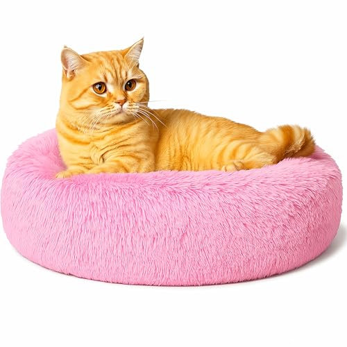 SEOUGEE Cuccia per gatti calmante a forma di ciambella, rotonda e soffice, comoda, morbida, lavabile, con fondo antiscivolo, per interni (rosa chiaro, 40 cm)