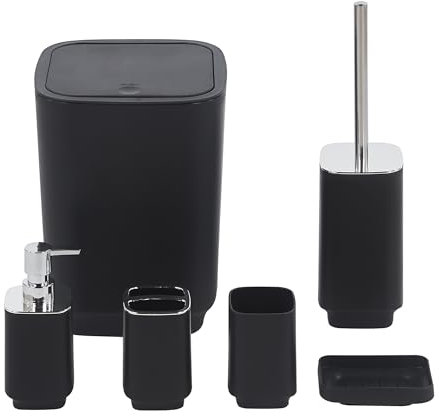 Set Completo Accessori Bagno 6 Pezzi Design Moderno In Plastica Resistente Con Finiture Lucide Incluso Cestino Pattumiera,Dispenser Sapone, PortaSaponetta, Porta Spazzolini, Portascopino - Nero