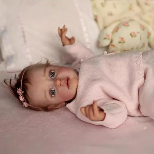 RXDOLL 20 Zoll 50 cm Realistische Reborn Baby Puppe Weiche Tuch Körper Gewichtete Handgemachte Blaue Augen Offen Wurzelhaar Neugeborene Bebe mit Fütterung Spielzeug Geschenke für Kinder Alter 3+