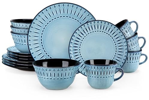 vancasso NILE Embossed Dinner Set, Stoneware Vintage Look Blue Dinnerware Tableware, 16 Pieces Dinner Service Set for 4, Include Dinner Plate, Dessert Plate, Cereal Bowl and Mug