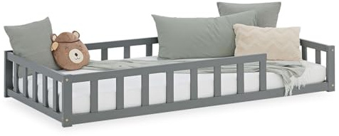 Homestyle4u Kinderbett Grau mit Rausfallschutz 90x200 cm Bodenbett Montessori Bett Lattenrost Kleinkindbett Kinderzimmer, Artikel 2928