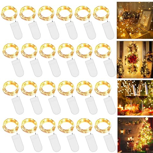 24 Stück LED Lichterkette Batterie, 2M 20er LED Kupfer Drahtlichterkette Lichterkette Batteriebetrieben IP65 Wasserfest Fairy Light für Party Weihnachten Hochzeit Beleuchtung Deko