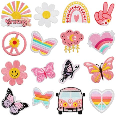 CharmeFleur 16Pcs Groovy Retro Hippie Iron on Patches Vintage Boho Peace Sign Patch for Clothing Backpacks Jeans Jackets Hats Sew on Embroidered Applique