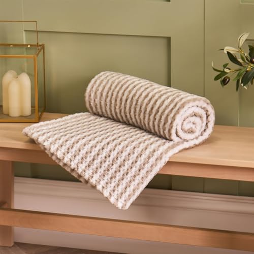 OHS Sofa Throw Blanket Stripe, Soft Cosy Warm Honeycomb Waffle Fleece Throw Blanket for Bed Single Bed Throws Lightweight Faux Fur Travel Throws for Sofas, Mink - 125 x 150cm