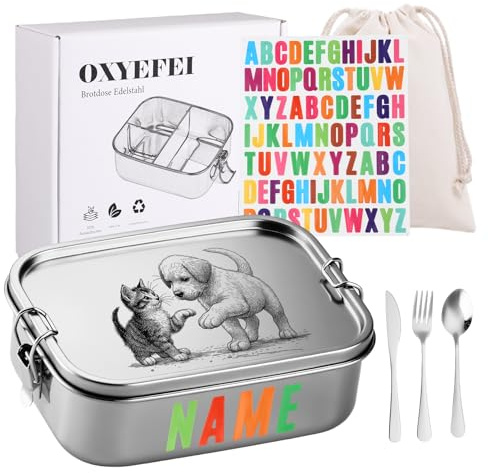 OXYEFEI Brotdose Kinder mit Fächern,Brotdose Edelstahl mit Gabel und Löffel Bunte Buchstabenaufkleber Individuell gestaltbare Namen Geschenk für Jungen und Mädchen (Katze und Hund, 1200ML)