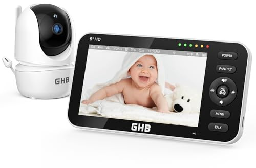 GHB Babyphone mit Kamera 5 Zoll IPS Display 720P 350°/110° PTZ | Split-Screen, Unterstützt bis zu 4 Kameras, Nachtsicht, Temperaturanzeige, 4x Zoom, Gegensprechen, Wiegenlieder