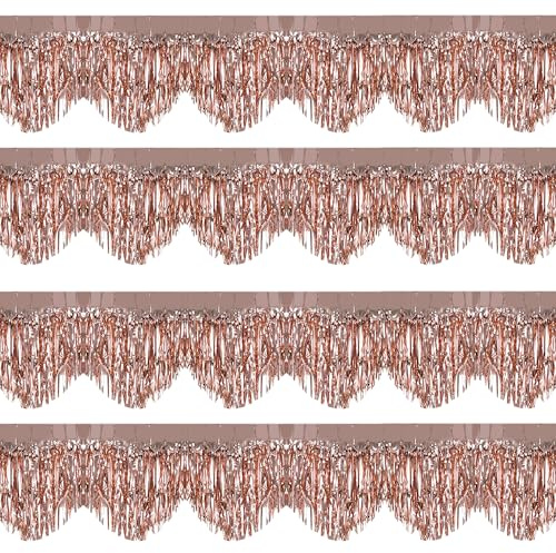 duoyif Lametta Fransen Girlande Rosegold, 4Stück 50x200cm Metallic Tinsel Deko, Folie Fransen Luftschlangen, Wellenfolie Lametta Girlande für Geburtstagsdeko Hochzeit Karneval Party Deko (Welle Rose)