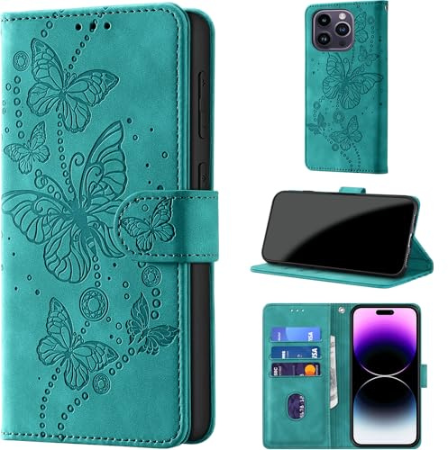 for iPhone 14 Pro Max Wallet Case Flip, Turquoise | RFID Blocking, 3 Card Holder Stand, Shockproof TPU Shell, PU Leather Magnetic Closure