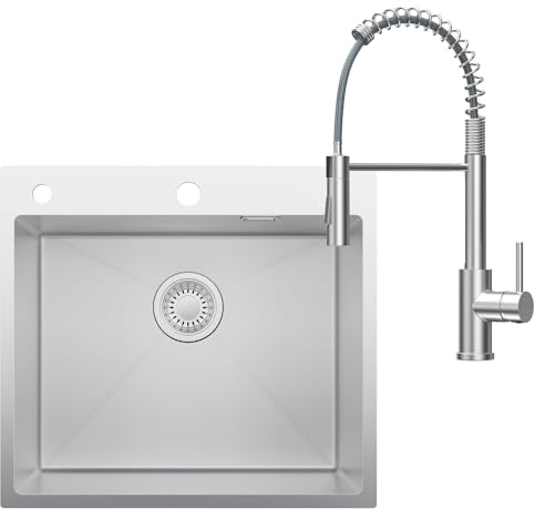 CECIPA Évier Cuisine 1 Bac 44x49cm, Inox 304, Couche isolante phonique EVA | Installation sur plan ou Affleurante, Avec Distributeur Savon, Panier de Vidange, Siphon et évacuation, pour meuble 45 cm+