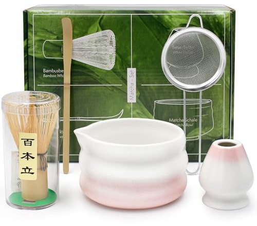 Matcha Whisk Set, 5 Pcs Matcha Set,Matcha Whisk Set, Matcha Tea Set with Matcha Whisk, Matcha Bowl with Pourer, Matcha Strainer, Stirrer Stand and Bamboo Spoon, for Matcha Lovers (Pink)