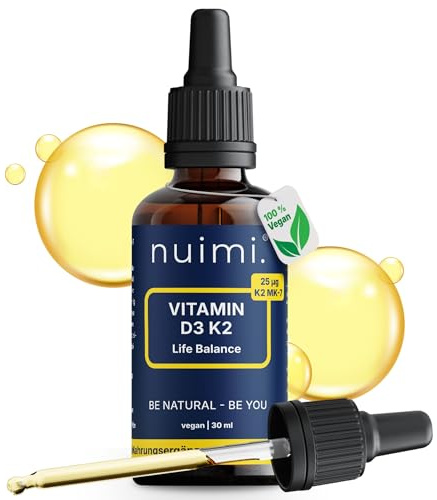 nuimi. Vitamin D3 K2 Tropfen 1000 IE für Erwachsene | Hochdosiert, MK7 all-trans ≥99,8%, Vegan (ohne Lanolin), Vitamin D Tropfen in Öl hohe Bioverfügbarkeit, Laborgeprüft
