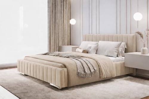Polsterbett Imperia 200x200 cm, Bettkasten, Riviera-Stoff, Beige | Betten mit Metallrahmen und Bettgestell, Oeko-Tex, Weicher Stoff