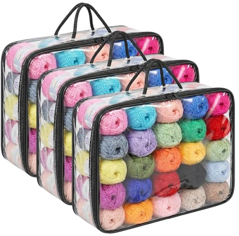 Clear Yarn Storage Organiser, 3pcs Portable Wool Storage Organiser, Dust-Proof Waterproof Yarn Bag for Knitting Needles Crochet Hooks Yarn Balls, Zipper Handle Space-Saving 40x30x10cm