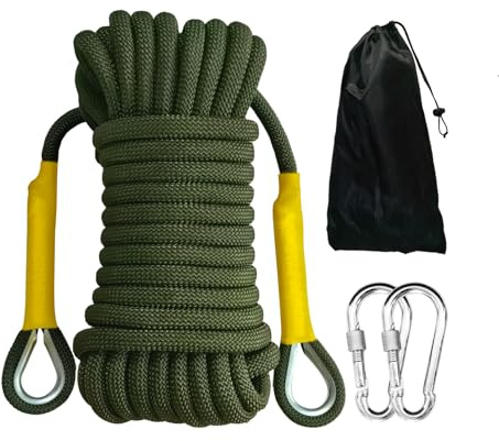 HUtzpah 12mm 10m (32Ft) Static Climbing Rope, Low Stretch, Army Green | 30KN break strength 2 hooks & bag for rappelling rescue rigging Durable
