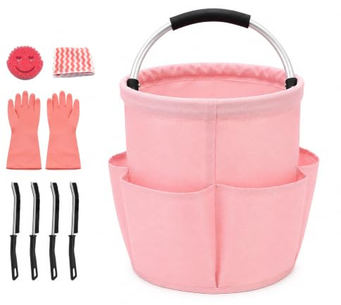 Pink Stuff Scrubber Kit with Cleaning Caddy Organiser – Complete Cleaning Set Including Pink Gloves, Narrow Gap Brush, Smiley Cloth, Scrubber with Handle, Foldable Storage Bag for Home & Outdoor Use