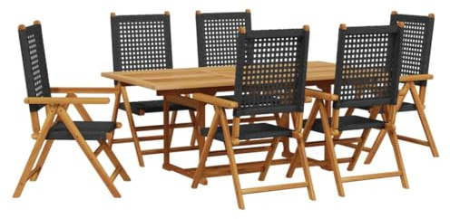 XHNIFBN 7-TLG. Garten-Essgruppe aus Akazienholz Massiv und Poly Rattan, Gartenmöbel Set mit Ausziehbarem Tisch 150-200 cm und 6 Klappstühlen mit Liegefunktion für Garten und Terrasse, Schwarz