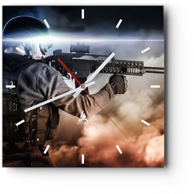 Modern Wanduhr Armee Soldat Shooter kugelsichere Weste 40x40cm Quadrat Groß Wand Uhr Glas Analog Zimmeruhren Küche Büro Wohnzimmer Glasuhr Wall Clock Dekoration Design Küchenuhr C3AC40x40-2493