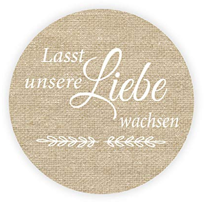 100 Stk Lasst unsere Liebe wachsen Aufkleber - VINTAGE style Burlap Effekt Stickers - Liebe Saat Hochzeitssticker, 4cm Runde Blumensamen Etiketten für die Hochzeit,Taufe,Gastgeschenk,Tüten - UNI 720