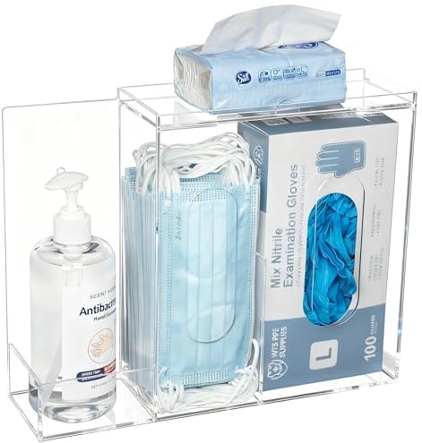 SEANADO 3-fach Maskenspender & Handschuhspender aus Acryl mit Deckel – Wandmontage oder Tischaufsteller, Hygienestation für Einwegmasken, Handschuhe, Haarnetze & Schuhüberzieher (Transparent)