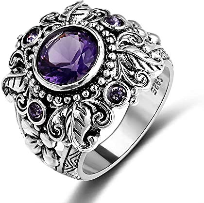 DJMJHG Gioielli Vintage in Argento Sterling 100% 925 Anelli con Pietre preziose ametiste Viola Naturali per Donna Uomo Regalo di Anniversario 10 Viola