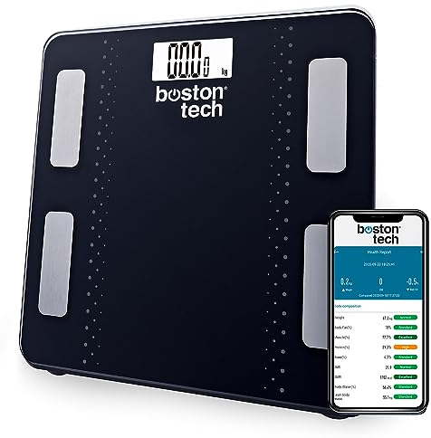 Digitale Personenwaage, intelligente elektronische Waage mit Bluetooth und App kompatibel mit Android & IOS, Körperanalyse, 13 kostenlose Diät-Gewichtsmessungen zum Abnehmen. Max. 180 kg. Schwarz