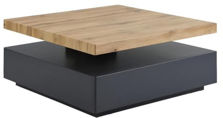 Vente-unique-Mesa de Centro Kyria - 1 cajón y Tablero pivotante - MDF - Color: Antracita y Roble